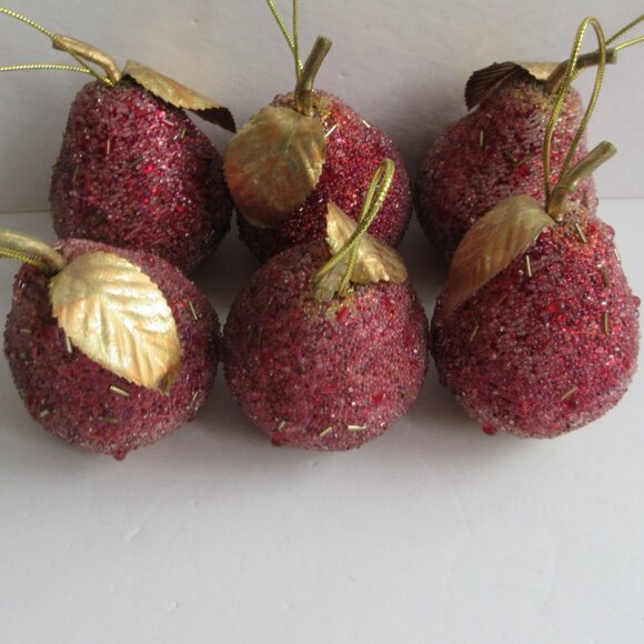 Sugar Beaded Pear Fruit Christmas Ornaments Lot Of 10 Red/Pink/Gold Bugle Beads - Picture 2 of 14